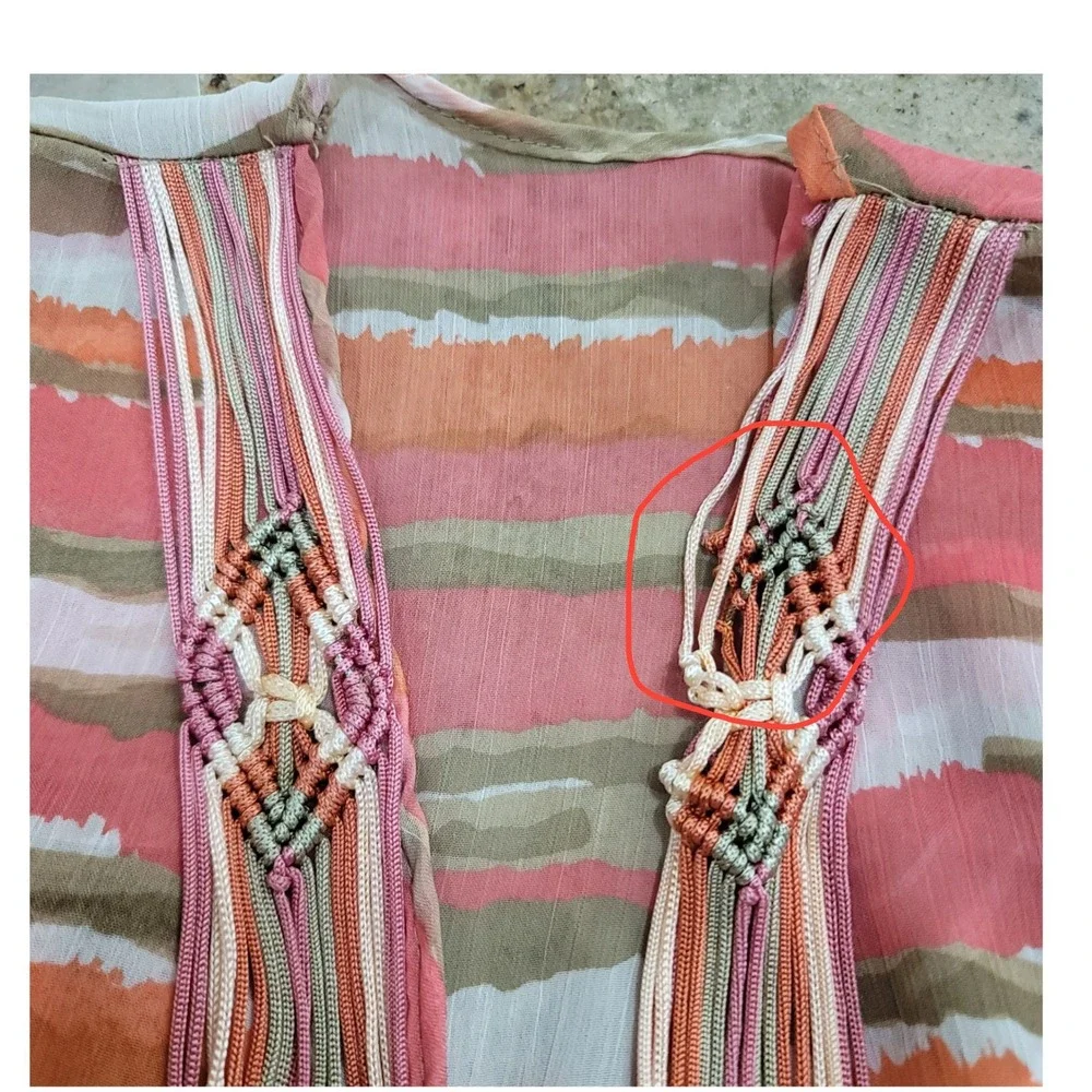Ashley Stewart Chiffon Tunic 14/16 Coral Aztec Peasant Macrame Boho Beach Resort